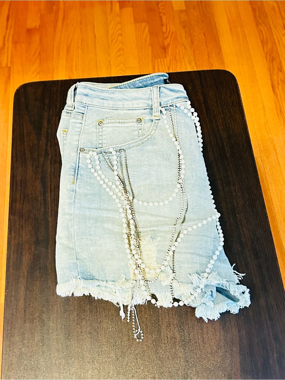Fashion Nova Light Wash Denim Shorts with Chain & Bead Trim